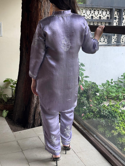 Purplish Grey Satin Shimmer Chikankari Co-Ord Set