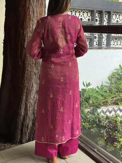 Cranberry Pink Shade Tissue Silk Chikankari Straight Cut Kurta Dupatta Set