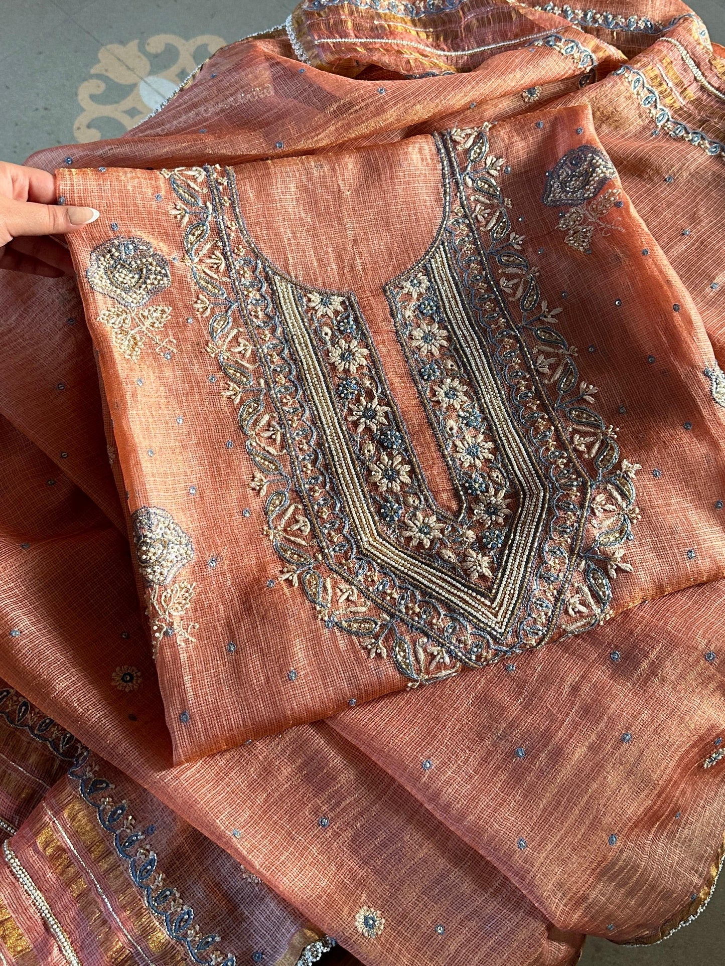 Burnt Peach Shade Tissue Silk Kota Chikankari Unstitched Fabric