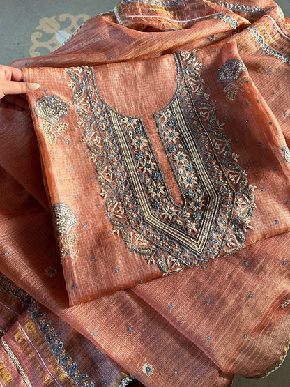 Burnt Peach Shade Tissue Silk Kota Chikankari Unstitched Fabric