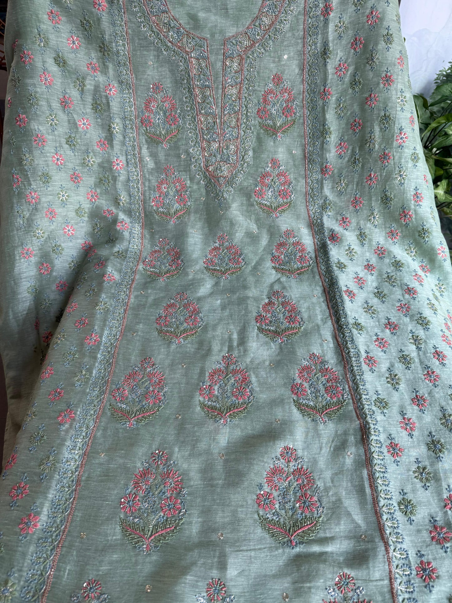 Mint Green Linen Silk Chikankari With Ari Work Unstitched Kurta Dupatta Set