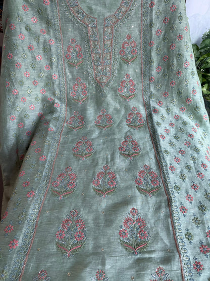 Mint Green Linen Silk Chikankari With Ari Work Unstitched Kurta Dupatta Set