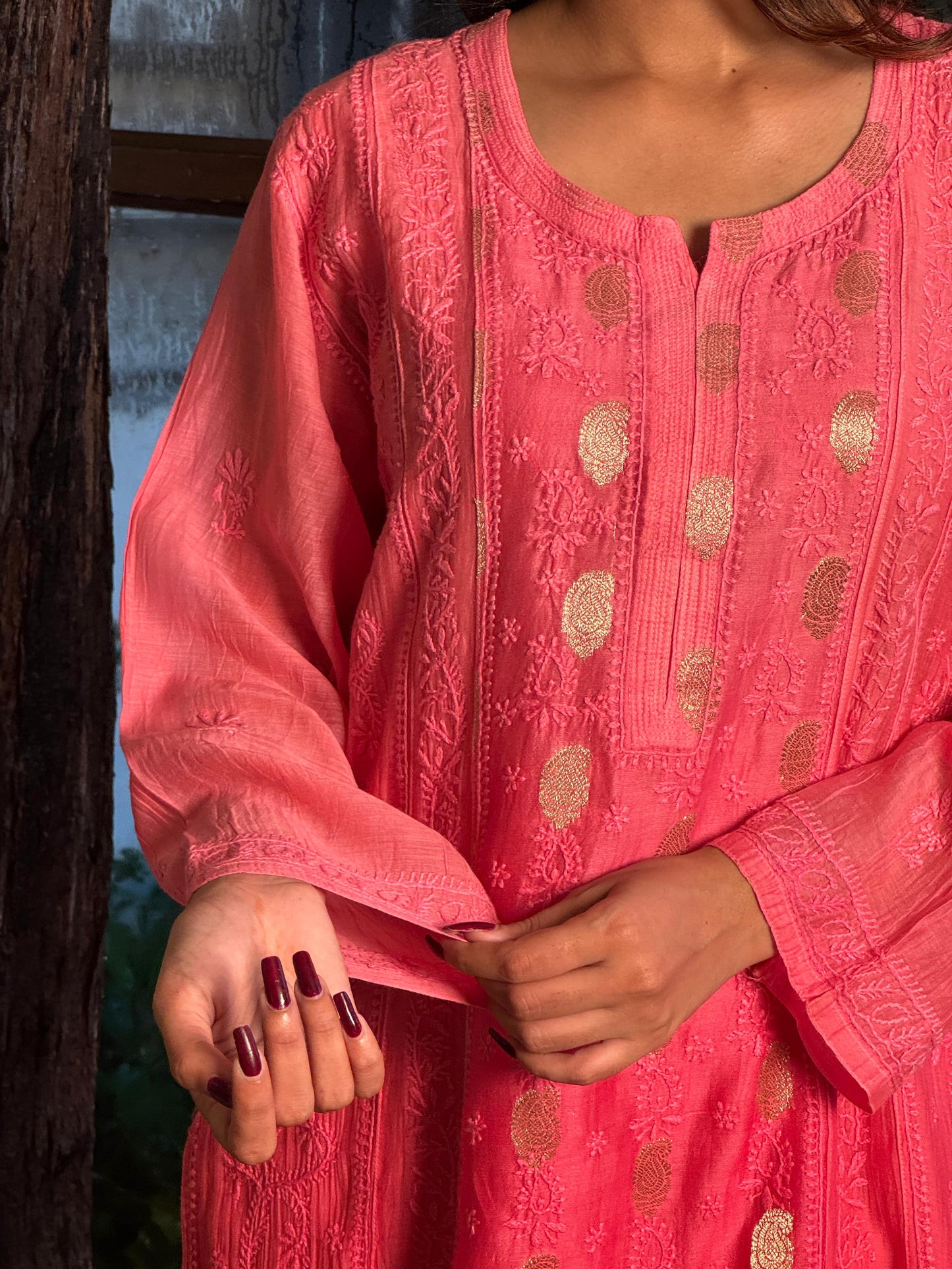 Pink Zari Chanderi Chikankari A Line Kurta with Slip
