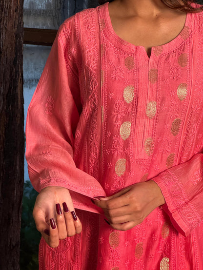 Pink Zari Chanderi Chikankari A Line Kurta with Slip
