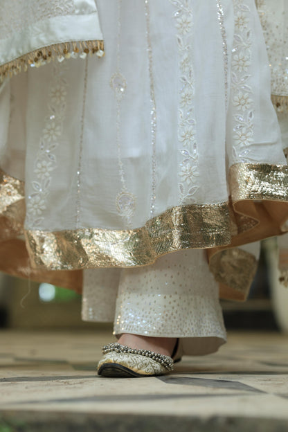 White Malmal Pearl Work Chikankari A Line Kalidar Kurta With Dupatta