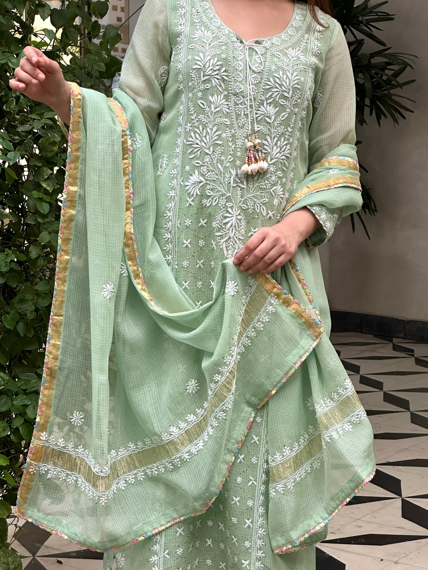 Green Shade Kota Applique Chikankari Kurta Dupatta Set