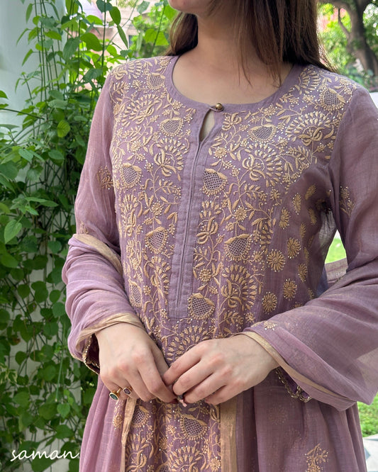 Dusty Lilac Tissue Silk Chikankari Kurta Set