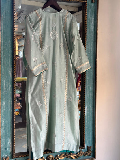 Sea Green & Teal Shade Chanderi Daraz Applique Chikankari Mukaish Kurta Dupatta Set