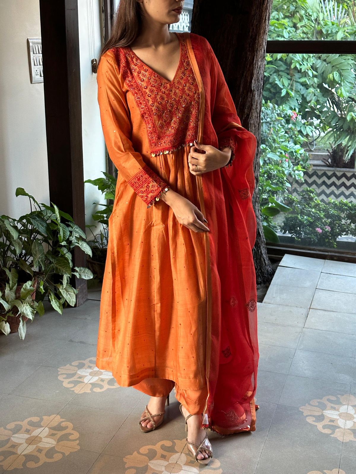 Rust Orange Sico (Silk Cotton) Chikankari Tux Kurta Set