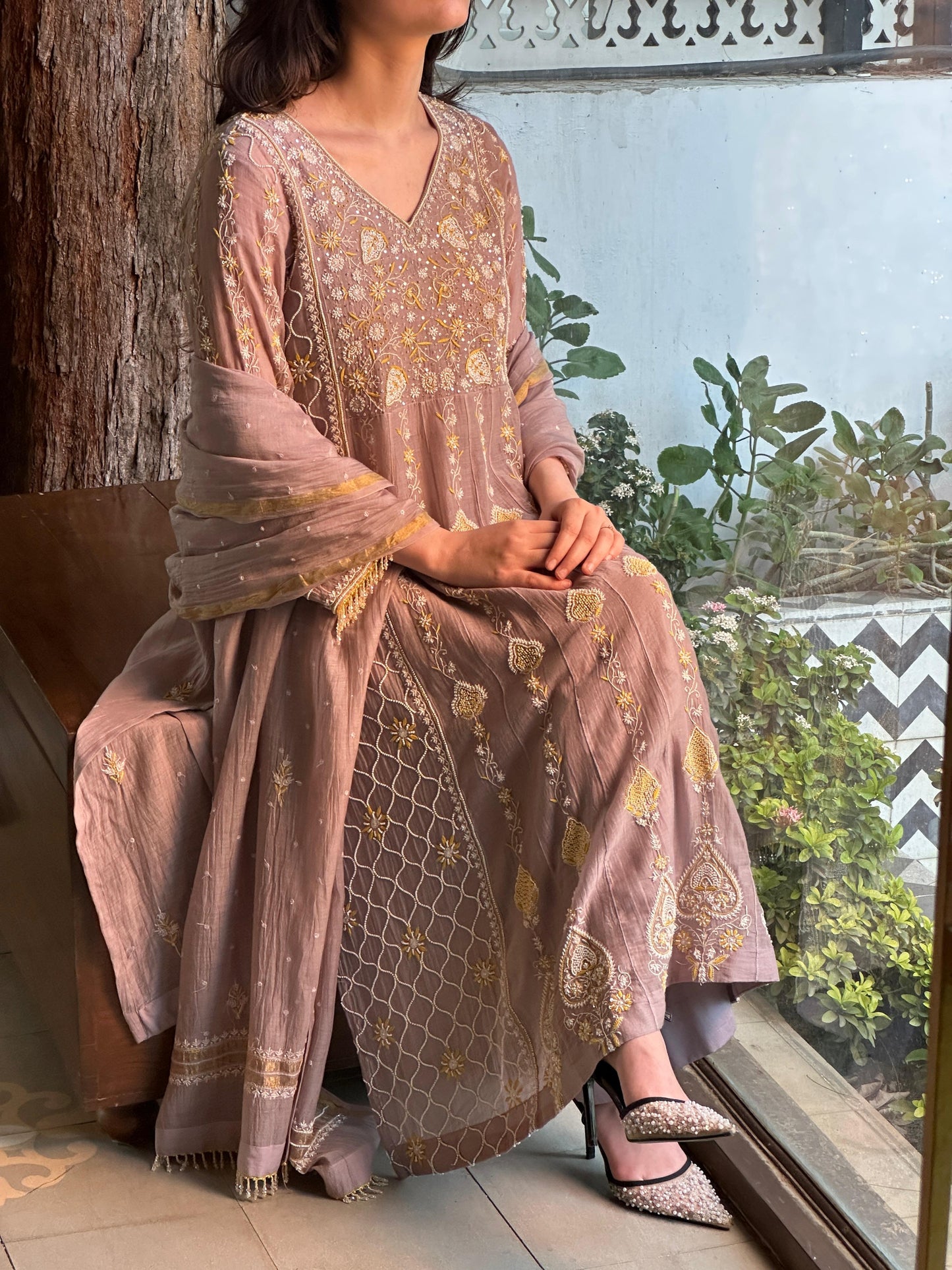Mauve Shade Malmal Pearl Work Chikankari Kalidar Kurta Set