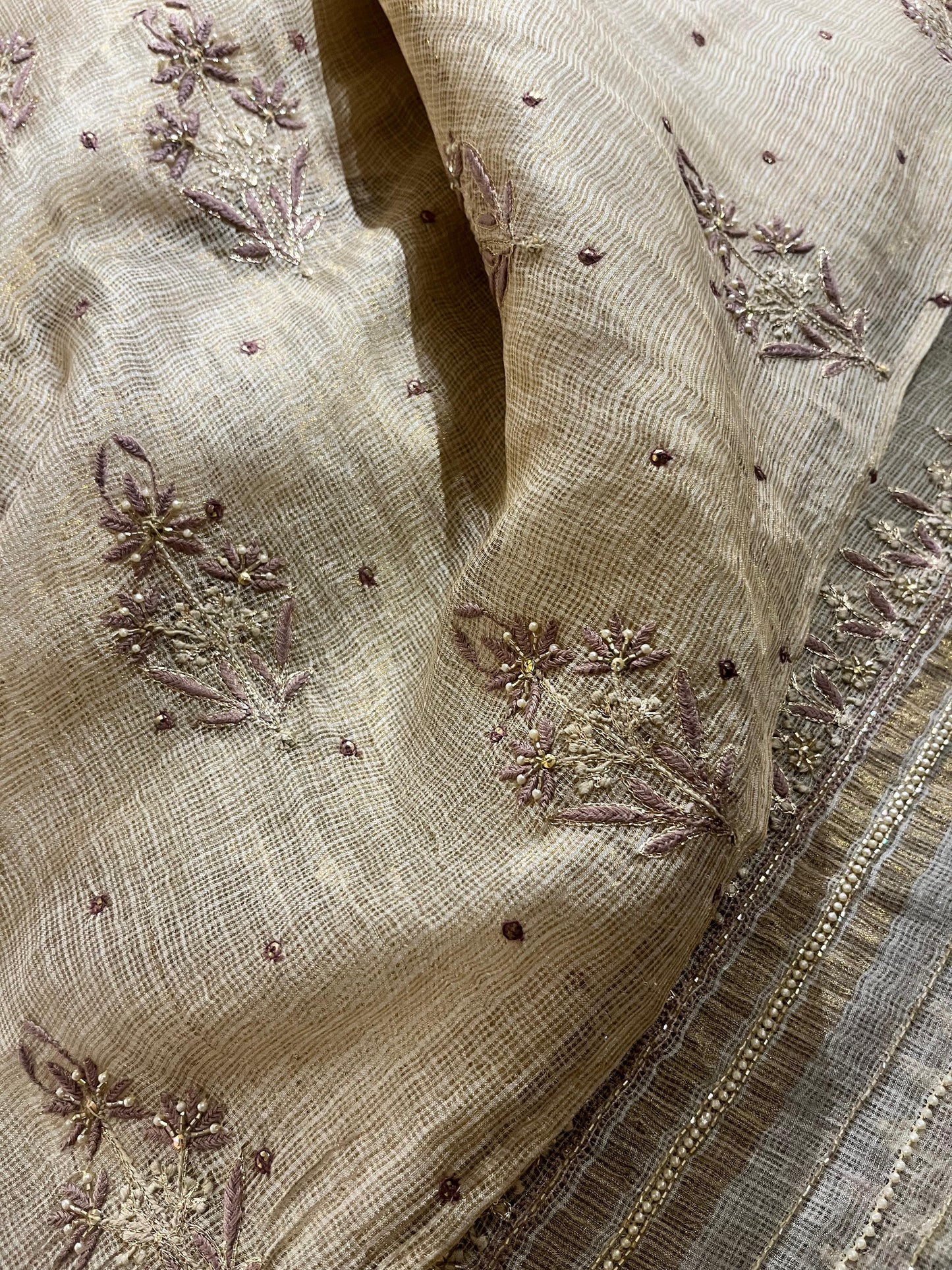 Beige Mauve Tissue Kota Chikankari Unstitched Fabric