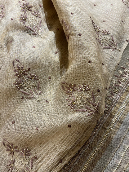 Beige Mauve Tissue Kota Chikankari Unstitched Fabric
