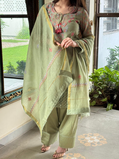 Green Shade Mul Chanderi Chikankari Farshi Sets