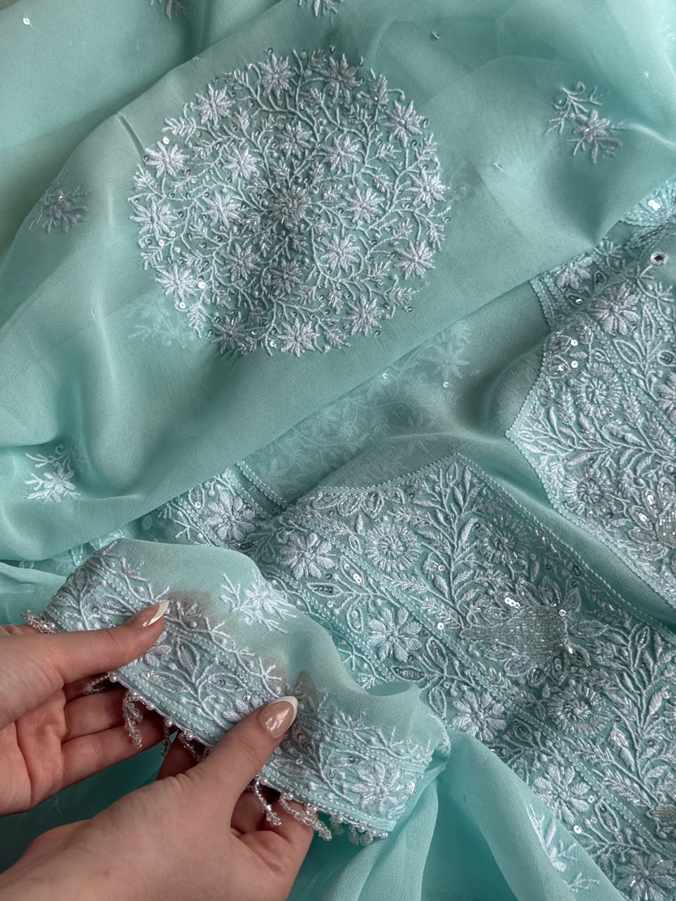 Aqua Green shade Georgette Mirror Work Chikankari Kurta Dupatta Set