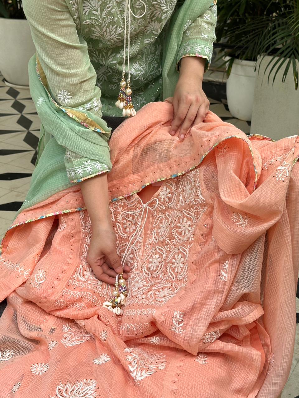 Peach Shade Kota Applique Chikankari Kurta Dupatta Set