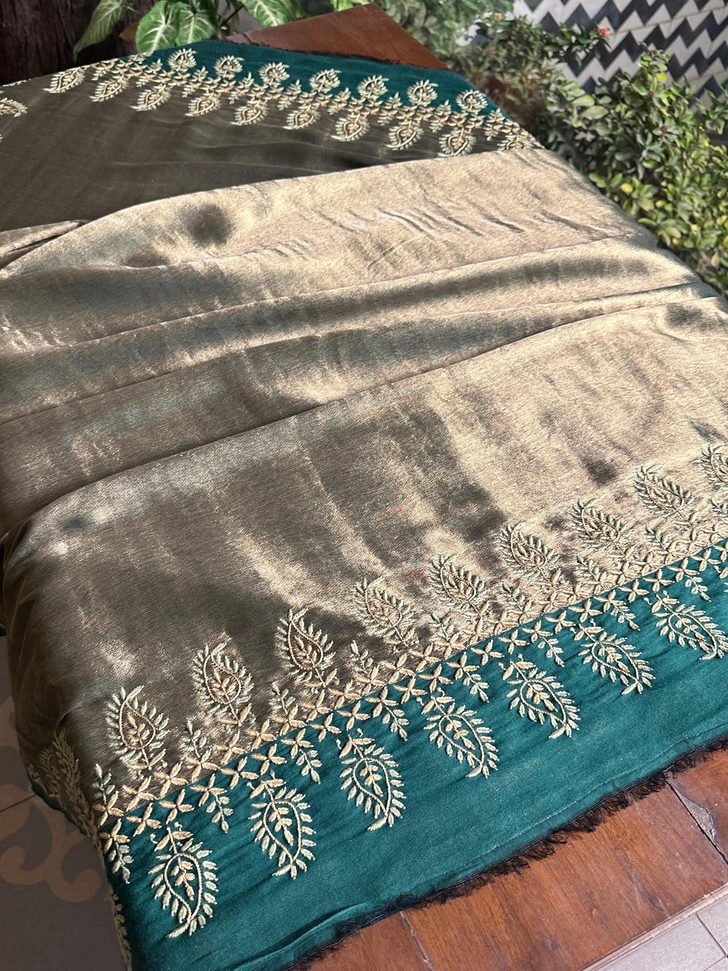 Green & Golden Shade Saman Tissue Silk Fine Chikankari Shawl