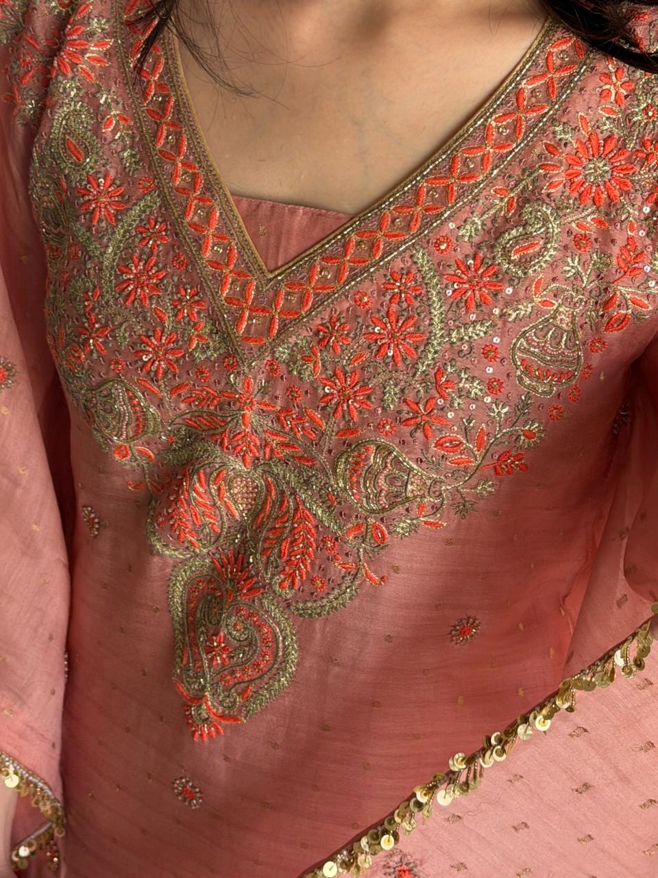 Peach Shade Zari Chanderi Chikankari Kaftan