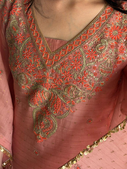 Peach Shade Zari Chanderi Chikankari Kaftan