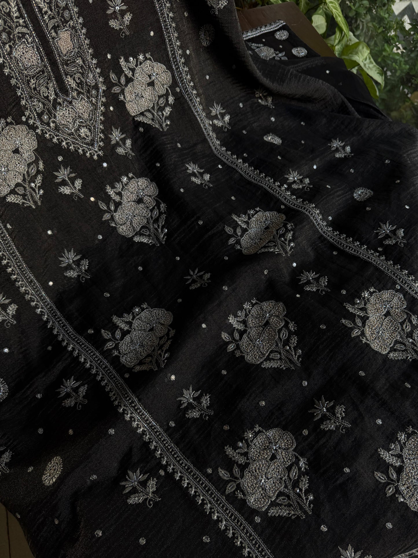 MYSTIC BLACK AND ASH SILVER | TISSUE SILK CHIKANKARI