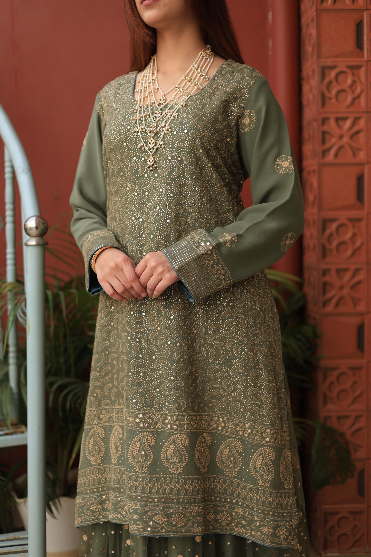 Mehndi Green Chikankari Pure Georgette Kurta Gharara Set with Kalamkari Dupatta