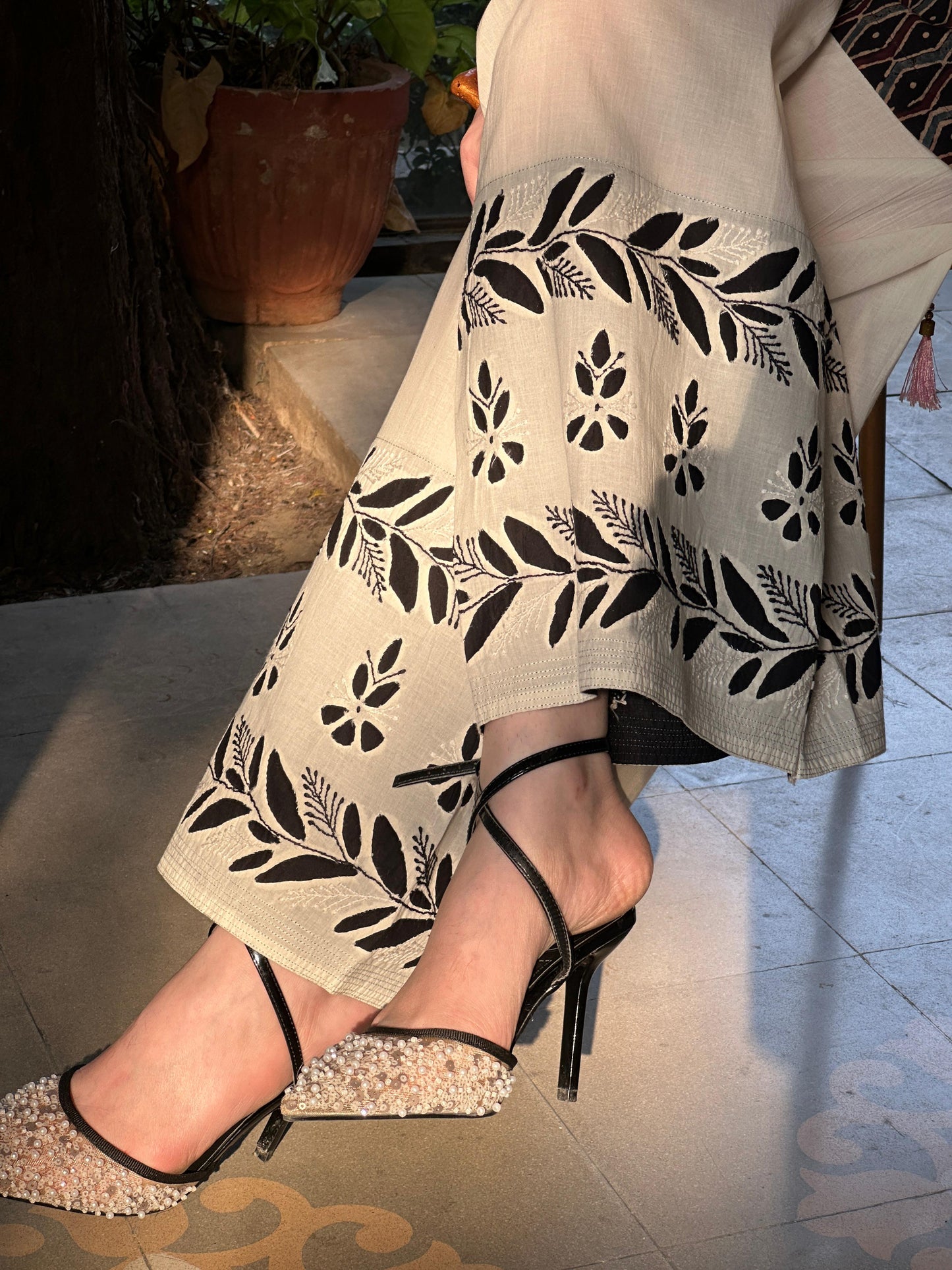 White & Black Floral Daraz Chikankari Palazzo