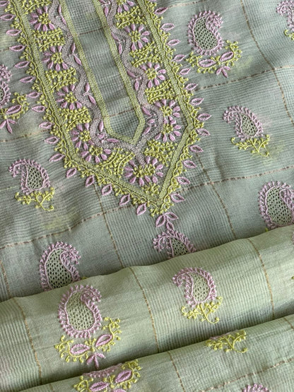 Olive Green Shade Tissue Zari Kota Chikankari Unstitched Fabric