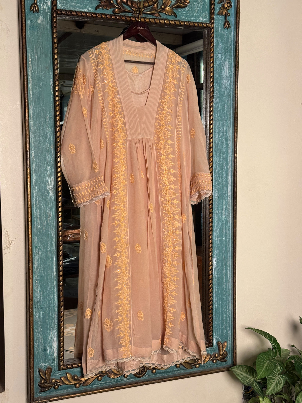 Peach Chiffon Chikankari Kurta with Lace Detailing