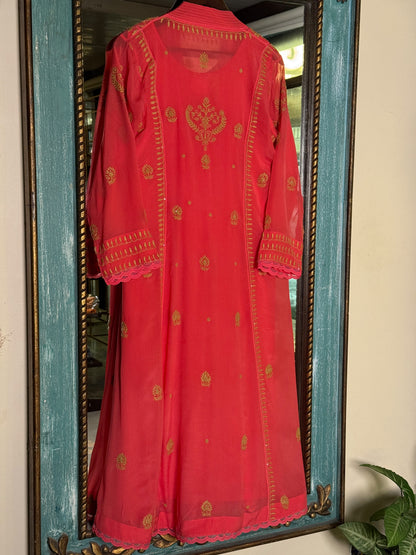 Carrot Pink Chiffon Chikankari Kurta with Lace Detailing