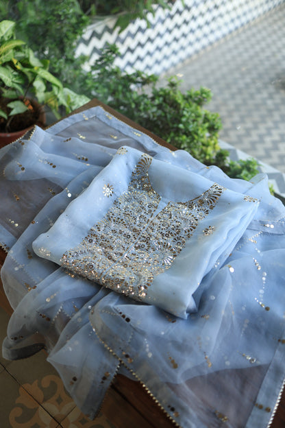 Powder Blue Shade Noor Organza Silk Badla Unstitched Kurta Dupatta Set