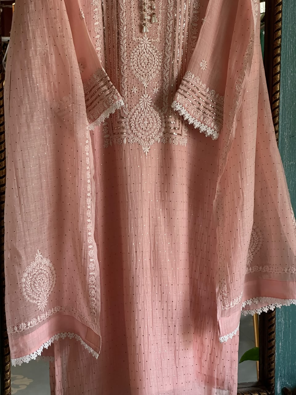 Peach Mal Heavy Chikankari Yoke Kurta Set with Kamdani Mukaish