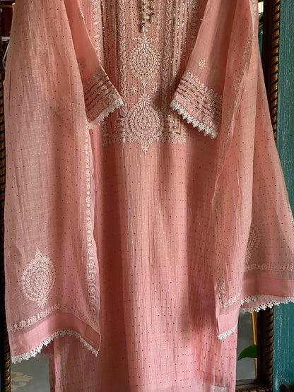 Peach Mal Heavy Chikankari Yoke Kurta Set with Kamdani Mukaish