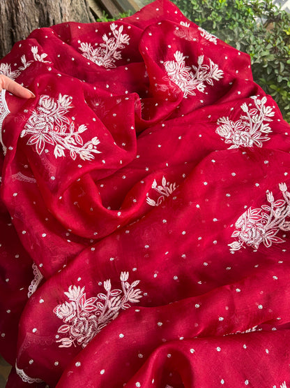 Noor Wine Red Organza Cutwork Chikankari Saree