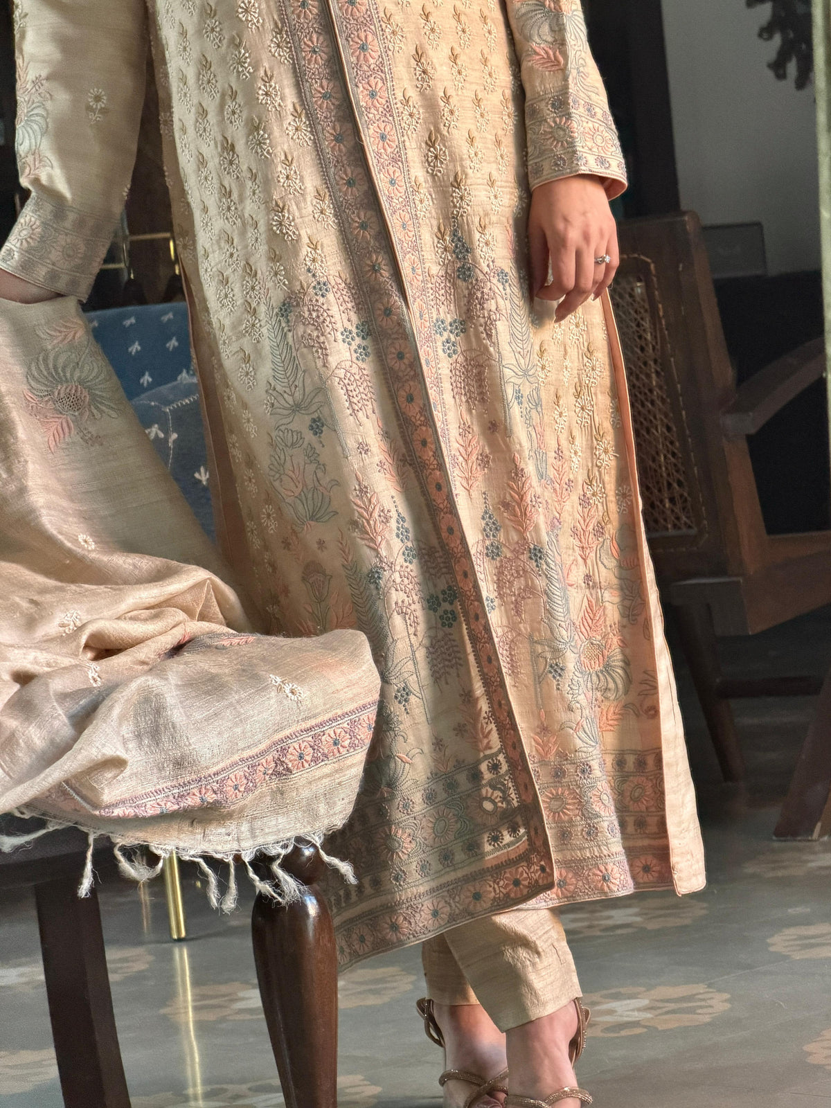 Intricate Natural Tussar Silk Chikankari RTW Jacket Set