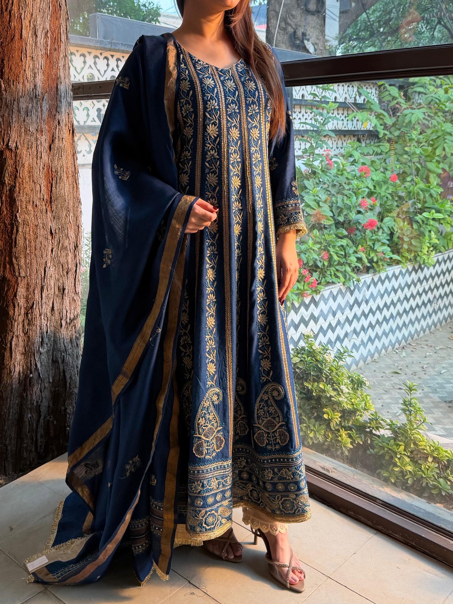 Roheen Blue Moonga Silk Chikankari Anarkali With Dupatta