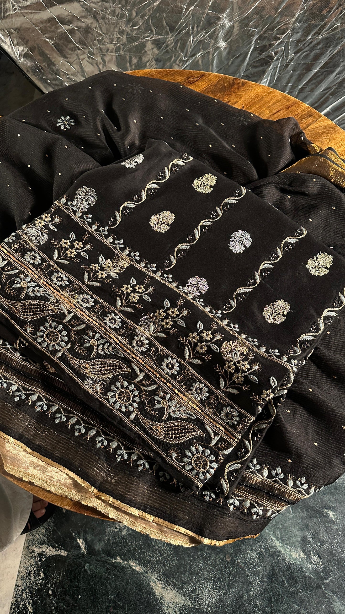 Black & Grey Banarasi Zari Chanderi Unstitched Chikankari Fabric