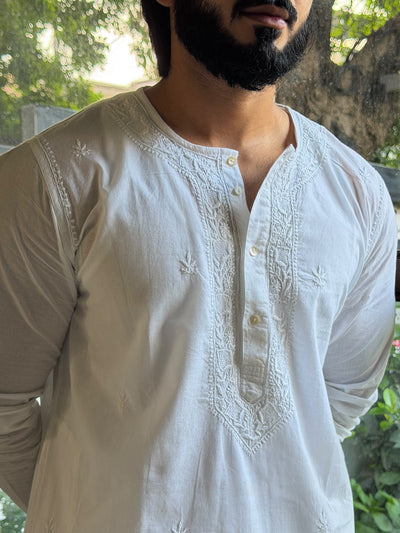 White Fine Chikankari Men's Cotton Kurta