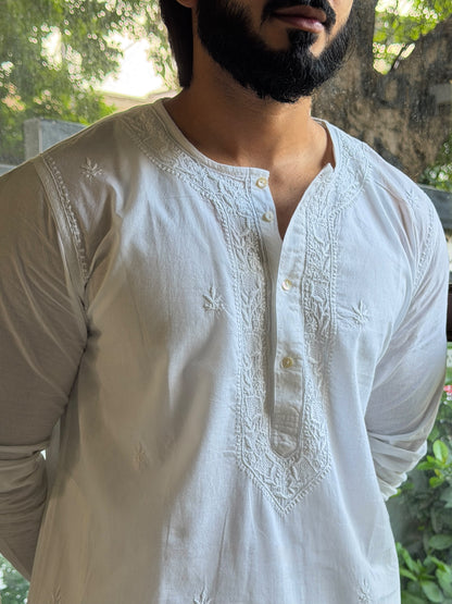 White Fine Chikankari Men's Cotton Kurta