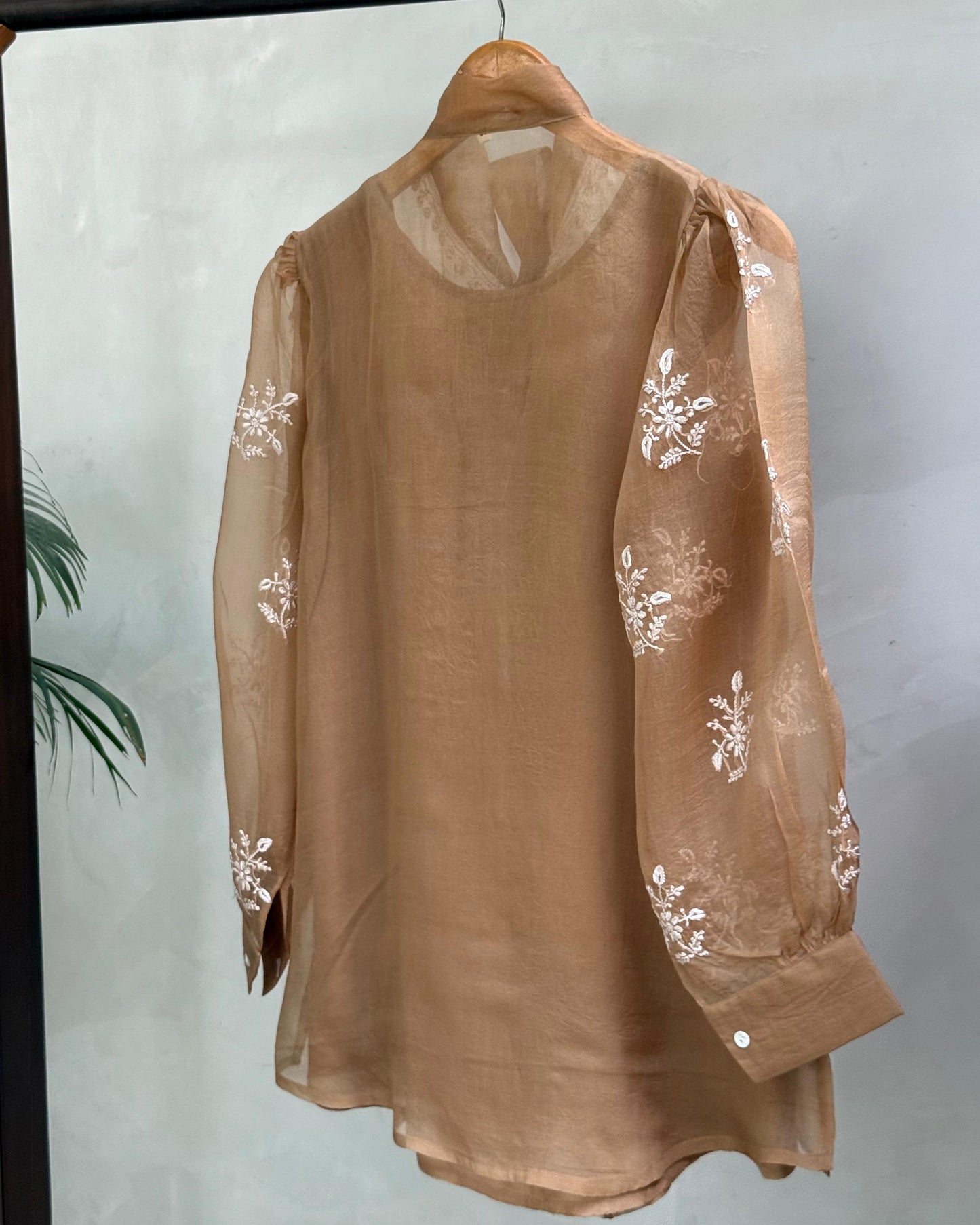 Beige Noor Organza Resham Chikankari Short Top With Bow Tie