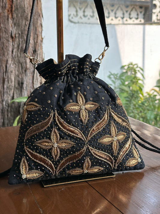 Black & Gold Raw Silk Zardosi Polti Bags