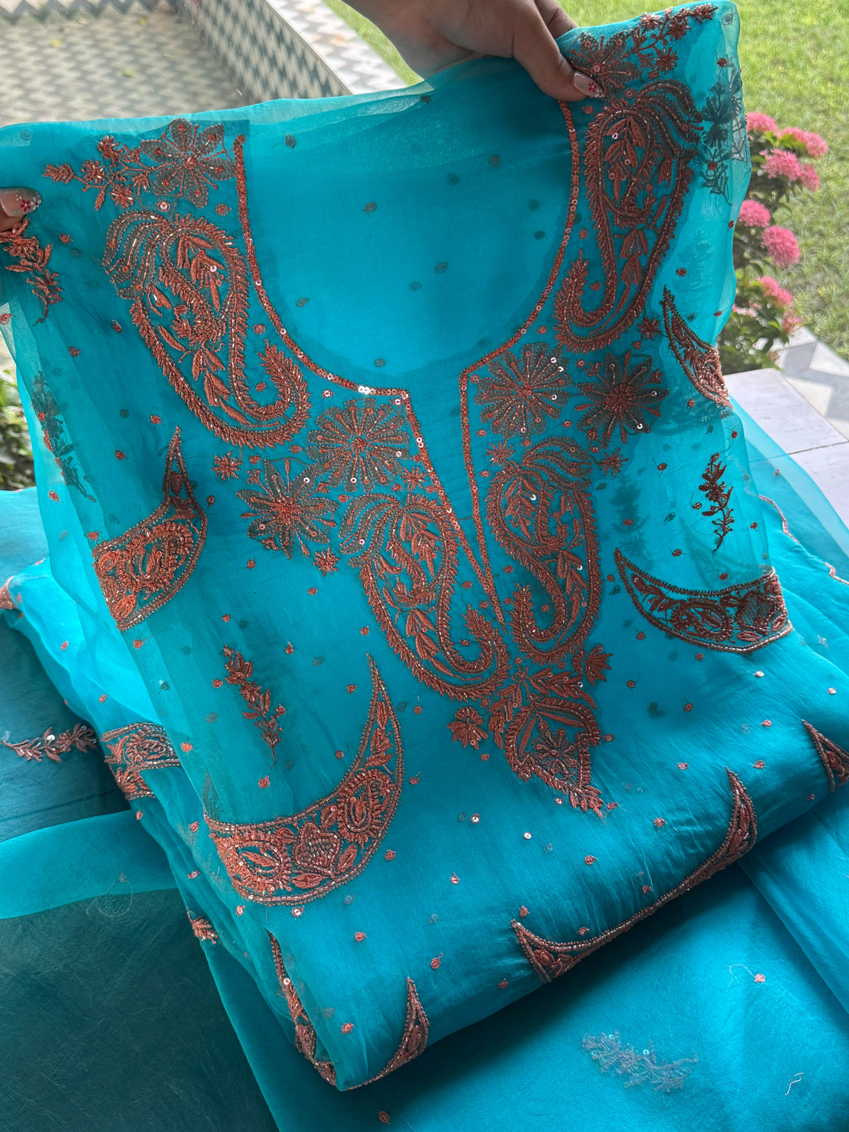 Peacock Blue Noor Organza Silk Chikankari Unstitched Kurta Dupatta Set