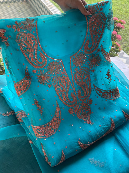 Peacock Blue Noor Organza Silk Chikankari Unstitched Kurta Dupatta Set