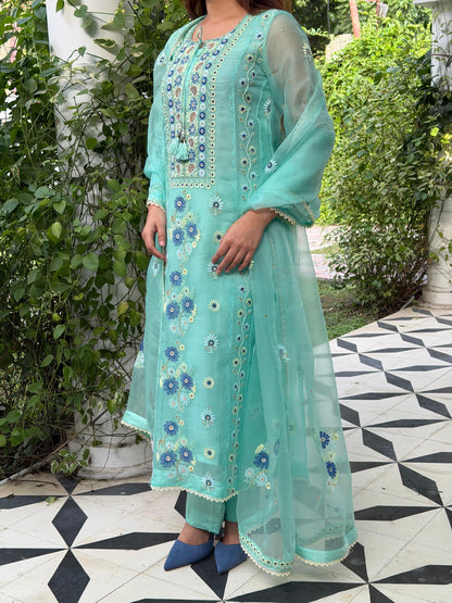 Blue Shade Noor Organza Silk Chikankari Straight Cut Kurta Dupatta Set