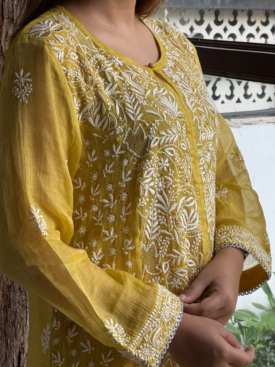 Yellow Tissue Silk Chikankari Straight Cut Kurta Dupatta Set