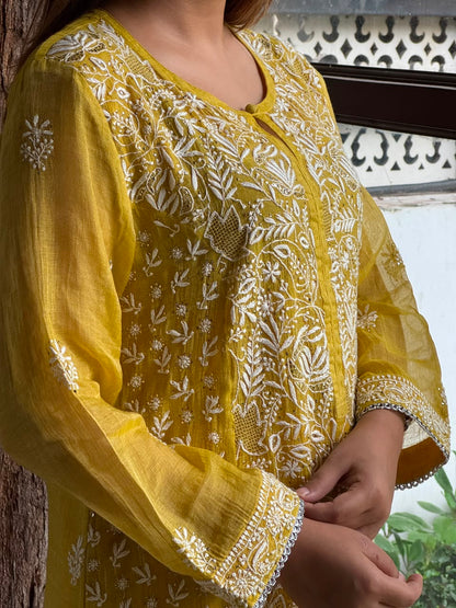 Yellow Tissue Silk Chikankari Straight Cut Kurta Dupatta Set