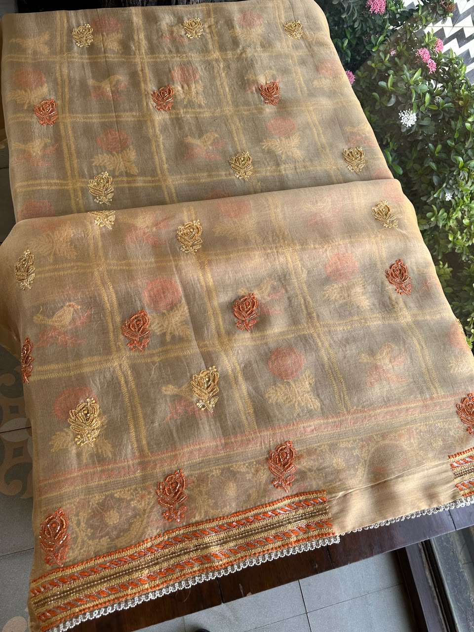 Dark Beige Organza Banarasi Silk Chikankari Unstitched Kurta Dupatta Set