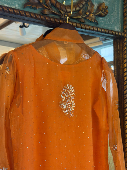 Orange Noor Organza Mukaish Badla Short Top With Bow Tie