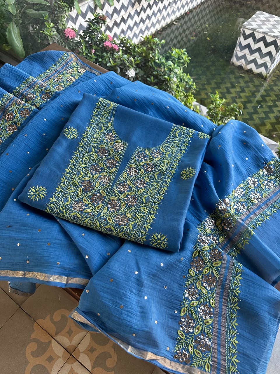 Blue & Green Shade Mal Cotton Chikankari Unstitched Kurta Dupatta Fabric With Mukaish Badla