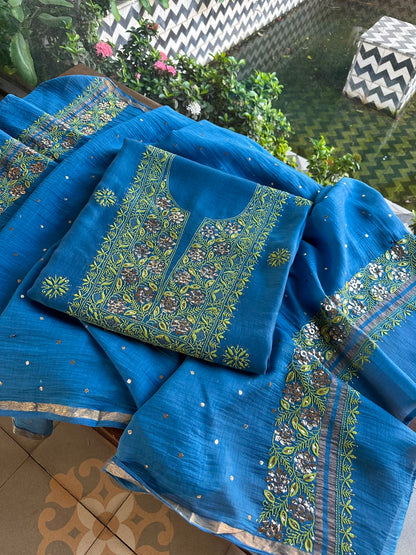 Blue & Green Shade Mal Cotton Chikankari Unstitched Kurta Dupatta Fabric With Mukaish Badla