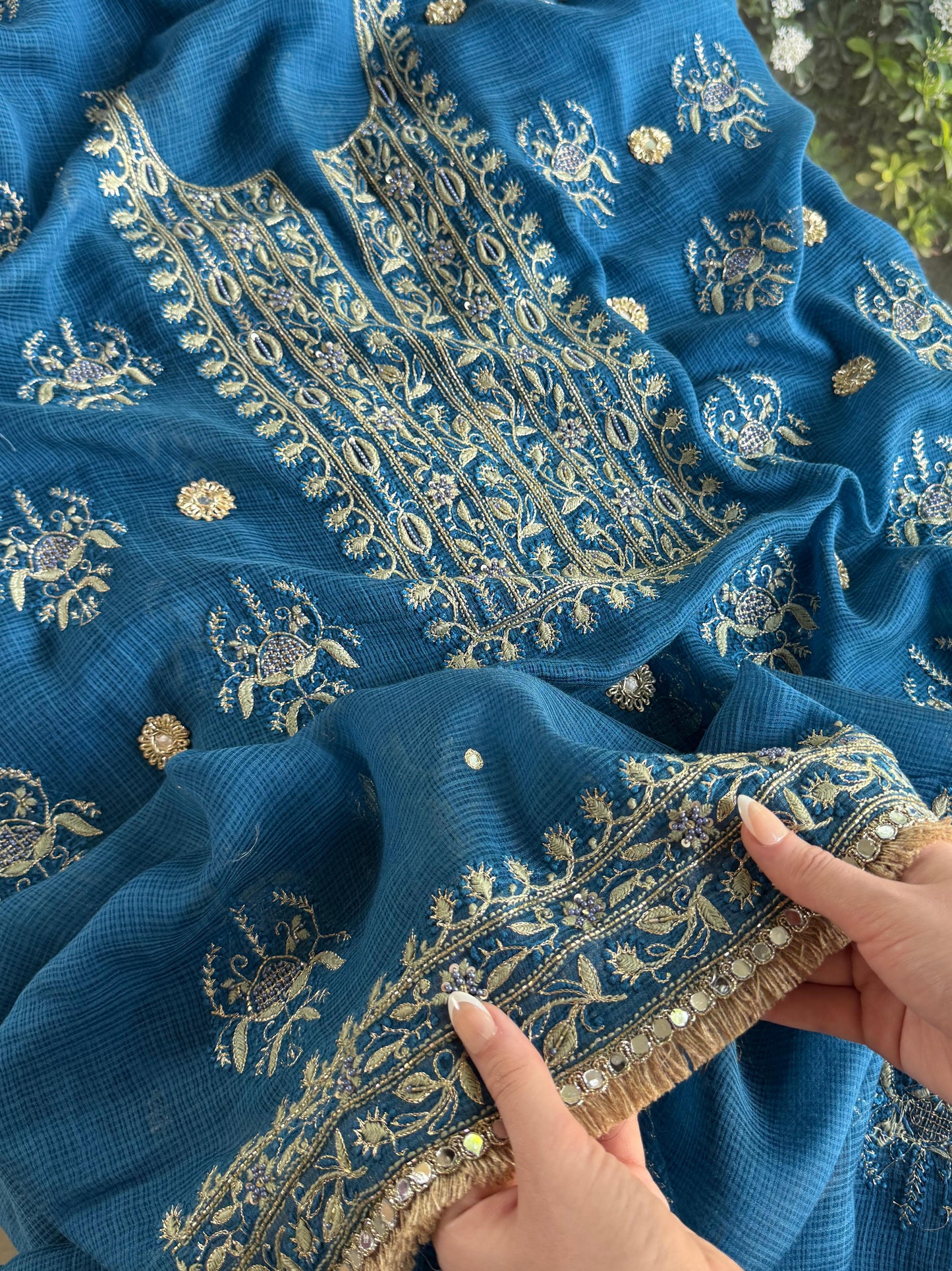 Blue Handloom Kota Chikankari With Mirror Work Unstitched Kurta Dupatta Set