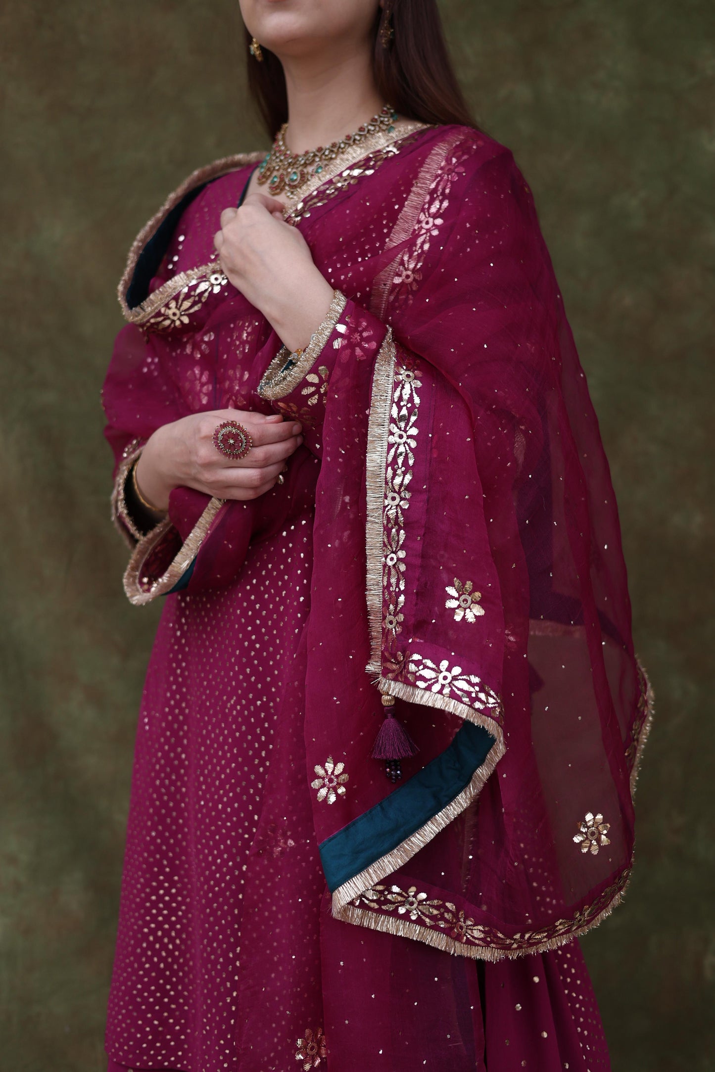 Mukaish Kamdani Plum shade Pure Georgette Kurta Gharara Set with Organza Dupatta